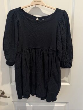 Free People Black Textured Mini Dress with Puff Sleeves